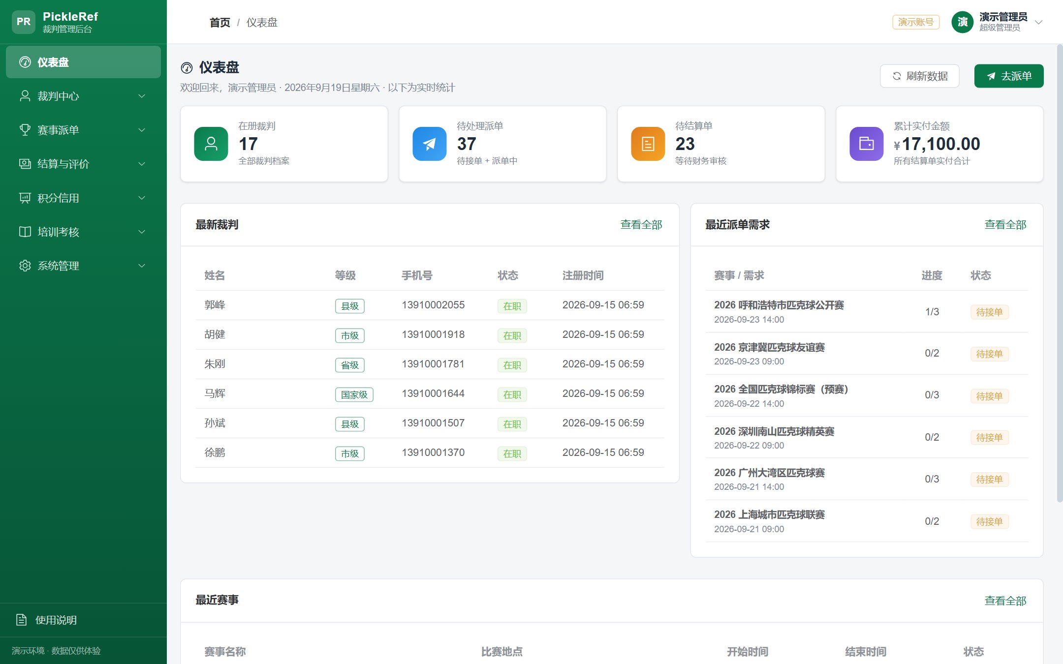 匹克球裁判管理系统 · 管理后台仪表盘